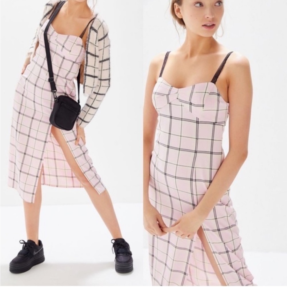 Urban Outfitters Cher Pink Plaid Satin Midi Dress